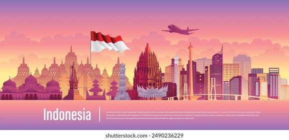 Ilustración del diseño del Vector de Indonesia Lugar famoso y bandera. Tema del jardín de Indonesia y concepto de viaje.