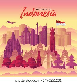 Vector design Ilustration of Indonesia landmark and flag. Indonesia garden theme and travel concept.