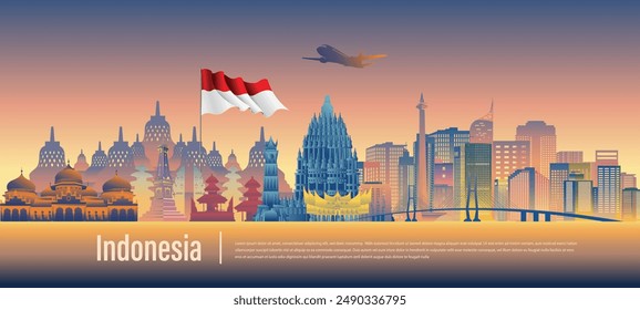 Vektorgrafik Design Illustration von Indonesien Wahrzeichen und Flagge. Indonesien Garten Thema und Reisekonzept.