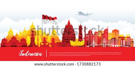 Vector design Ilustration of Indonesia landmark and flag. Indonesia garden theme and travel concept.