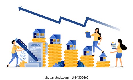 Diseño de vectores de aumento de los precios de inversión en el mercado inmobiliario con buenos rendimientos. signo del contrato de compra hipotecaria. ilustración Puede ser para sitios web, afiches, banners, aplicaciones móviles, web, medios sociales