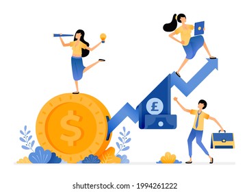 Vector Design Of Increase Investment In Financial Sector And Secondary Market. Arrows Go Up And Carry Banknotes. Illustration Can Be For Websites, Posters, Banners, Mobile Apps, Web, Social Media, Ads