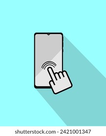 vector design of index finger tapping on cellphone screen. Explains the system for turning on the cellphone with just one tap