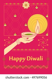 Vector design of India Lady holiding Diwali decorated diya for light festival of India