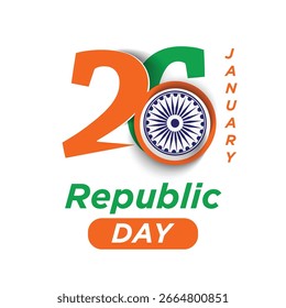 Diseño de Vector para el Día de la República de la India con tipografía audaz del "26 de enero", Ashoka Chakra y vibrante tema tricolor. Perfecto para carteles patrióticos, Anuncios y gráficos de celebración.