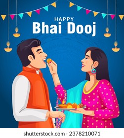 Vektordesign von indischem Bruder und Schwester, die Happy Bhai Dooj auf buntem Kunststil feiern