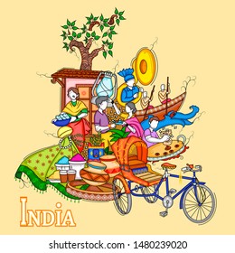 Vector design of Indian collage illustration showing culture, tradition and festival of India