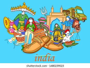 Vector design of Indian collage illustration showing culture, tradition and festival of India