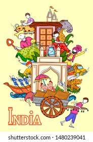 Vector design of Indian collage illustration showing culture, tradition and festival of India