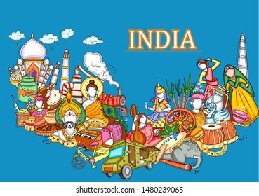 Vector design of Indian collage illustration showing culture, tradition and festival of India