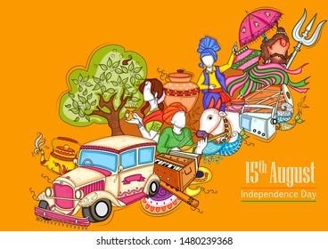 Vector design of Indian collage illustration showing culture, tradition and festival on Happy Independence Day of India