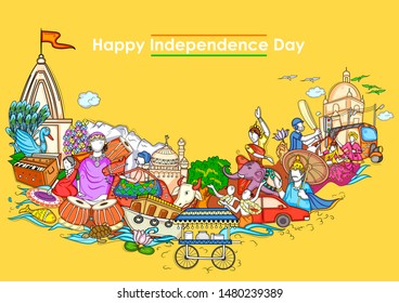 Vector Design Of Indian Collage Illustration Showing Culture, Tradition And Festival On Happy Independence Day Of India
