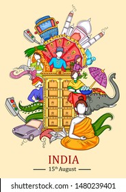 Vektordesign der indischen Collage-Illustration, die Kultur, Tradition und Festival am Happy Independence Day of India zeigt