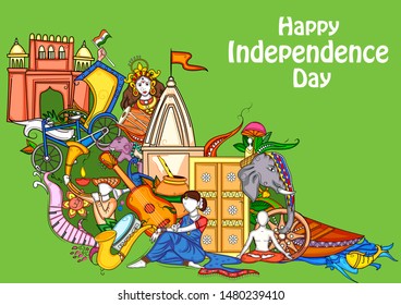 Vector design of Indian collage illustration showing culture, tradition and festival on Happy Independence Day of India