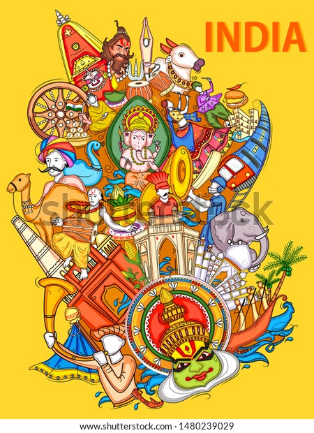 インドの文化 伝統 祭りを示すインドのコラージュイラストのベクター画像デザイン のベクター画像素材 ロイヤリティフリー