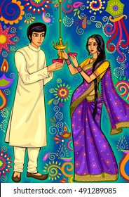 Vector design of Indian couple with diya decoration for Diwali festival celebration in India