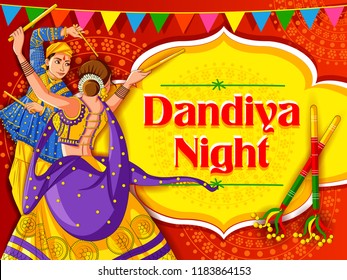 Vector design of Indian couple playing Garba in Dandiya Night Navratri Dussehra festival of India