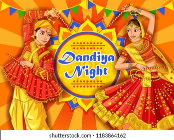 Vector design of Indian couple playing Garba in Dandiya Night Navratri Dussehra festival of India Vector design of Indian couple playing Garba in Dandiya Night Navratri Dussehra festival of India