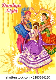 Vector design of Indian couple playing Garba in Dandiya Night Navratri Dussehra festival of India