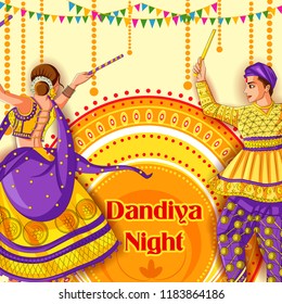 Vector design of Indian couple playing Garba in Dandiya Night Navratri Dussehra festival of India