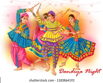 Diseño vectorial de una pareja india jugando Garba en el festival de la noche de Dandiya Navratri Dussehra en India