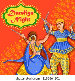 Vector design of Indian couple playing Garba in Dandiya Night Navratri Dussehra festival of India Vector design of Indian couple playing Garba in Dandiya Night Navratri Dussehra festival of India