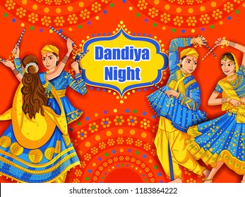 Vector design of Indian couple playing Garba in Dandiya Night Navratri Dussehra festival of India