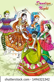 Vector design of Indian couple playing Garba in Dandiya Night Navratri Dussehra festival of India