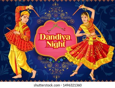 Vector design of Indian couple playing Garba in Dandiya Night Navratri Dussehra festival of India