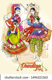 Vector design of Indian couple playing Garba in Dandiya Night Navratri Dussehra festival of India