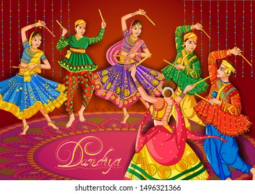 Vector design of Indian couple playing Garba in Dandiya Night Navratri Dussehra festival of India