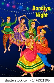 Vector design of Indian couple playing Garba in Dandiya Night Navratri Dussehra festival of India
