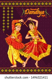 Vector design of Indian couple playing Garba in Dandiya Night Navratri Dussehra festival of India