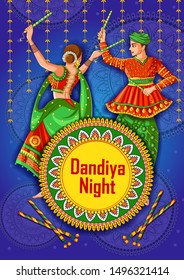 Vector design of Indian couple playing Garba in Dandiya Night Navratri Dussehra festival of India