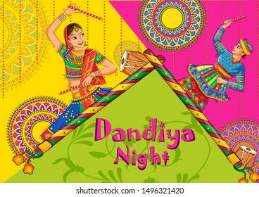 Vector design of Indian couple playing Garba in Dandiya Night Navratri Dussehra festival of India
