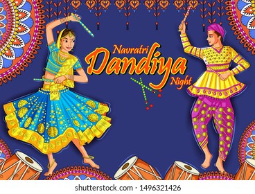 Vector design of Indian couple playing Garba in Dandiya Night Navratri Dussehra festival of India