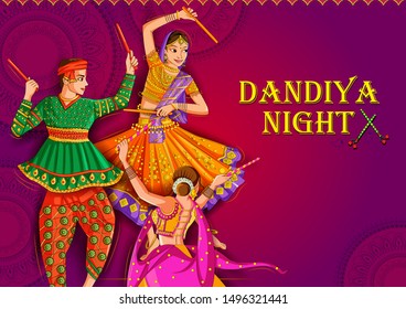 Vector design of Indian couple playing Garba in Dandiya Night Navratri Dussehra festival of India