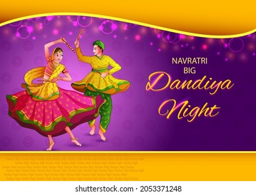 Vector design of Indian couple playing Garba in Dandiya Night Navratri Dussehra festival of India