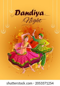 Vector design of Indian couple playing Garba in Dandiya Night Navratri Dussehra festival of India