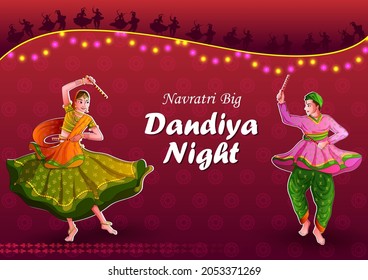 Vector design of Indian couple playing Garba in Dandiya Night Navratri Dussehra festival of India