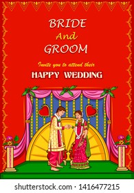 Vector design of Indian couple in wedding Engagement ceremony of India