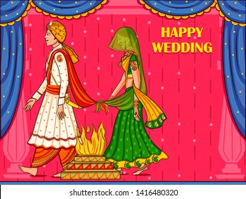 Vector design of Indian couple in wedding Satphera ceremony of India