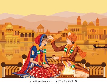 Vector design of Indian couple in wedding Maang Bharai ceremony of India