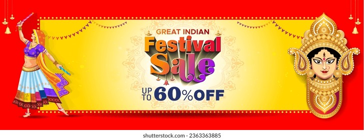 Vector design of Indian Durga Puja, Navaratri Festival sale banner. Template design with maa Durga Face, Dandiya Dancer and Festival sale text.