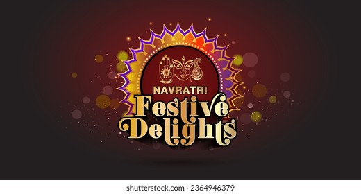 Vector design of Indian festival sale, Advertising, promotional, logo, template. Maa Durga with Navratri Festive Delights 3d text and vintage on dark red background. svg