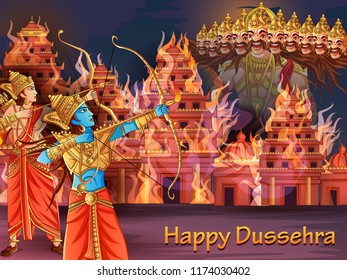 Vector design of Indian God Rama killing Ravana on India festival Happy Dussehra background