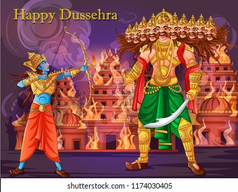 Vector design of Indian God Rama killing Ravana on India festival Happy Dussehra background