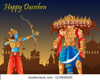 Vector design of Indian God Rama killing Ravana on India festival Happy Dussehra background