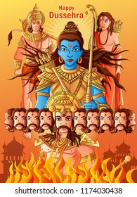 Vector design of Indian God Rama killing Ravana on India festival Happy Dussehra background