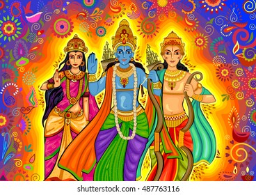 Vector design of Indian God Rama with Laxman and Sita for Dussehra festival celebration in India